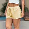 Women's yellow striped casual shorts with elastic drawstring waist and airy texture - Yellow