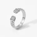 Sparkling silver fan-shaped adjustable ring with pavé-set zircons and twisted band texture - Silver Twisted Rope Zirconia Style (PD780)