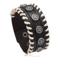 Brown leather cuff bracelet for men featuring metal cross studs and white rope weaving - Rivet Cross / Black