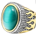Anello vintage da uomo con pietra occhio di gatto verde e fiamme dorate su argento - Taglia US 8 / Oro Bicolore + Gemma Verde