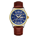 Men's quartz watch with blue dial, brown leather strap, and two-tone gold-silver case - Gold Case Blue Dial Brown Leather Strap