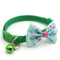 Green nylon pet collar with a light blue polka dot bow and a green bell for cats - Dark Green