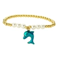 Fashion pearl and gold bead bracelet featuring a teal iridescent dolphin charm pendant - Lake Blue
