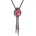 Vintage bronze bolo tie with crown design and oval red striped agate stone on black cord - 42 (Bronze with Red White Stone)