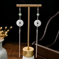 Long tassel earrings with white ring and green beads in elegant neo-Chinese style - Long Tassel White Ring Green Bead (E1072-5)