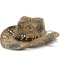 Handwoven western straw cowboy hat with beaded band and vintage bronze turquoise disc - M (56-58cm) / Off White