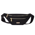 Minimalist black PU fanny pack with dual golden zippers and adjustable strap for sports - Black