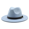 Detail of light blue wool fedora hat featuring a brown leather band and gold buckle - Sky Blue