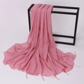 Detail of pink chiffon scarf featuring gold tube accents and white pearl beads on a rack - 175cm / Peach Blossom Pink