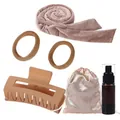 5-piece heatless hair curler set in khaki velvet with scrunchies, claw clip, and spray bottle - Light Grey Small Scrunchie 6-Piece Set