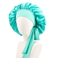 Elastic satin bonnet in mint green with adjustable long ribbons for hair care - Mint Green