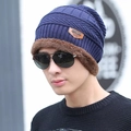 Men's navy blue thermal knit beanie with brown fleece lining and leather brand patch - Adult / Hat Only / Navy Blue