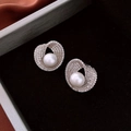 Macro detail of vintage round pearl earrings with silver twisted design and pavé zircons - Silver Streamlined Twisted Rhinestone Pearl Style(6#)
