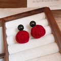 Elegant red flocked rose stud earrings with black bead on a wooden display stand - 7# Red Rose Round Stud Earrings