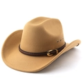 Classic camel wool felt western cowboy hat with braided leather band and metal buckle detail - M (56-58cm) / Camel