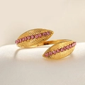 Adjustable gold leaf ring with micro-paved pink zircons on elegant white silk background - Adjustable Open / 18K Gold Plated Leaf Pink Zircon