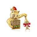 Festive gold cat brooch with Merry Christmas sign and red Santa hat for women - Gold Christmas Cat Style