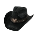 Black straw cowboy hat with heart buckle and brown leather band for sun protection - Adult 58cm One Size / Black Heart Style