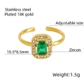 Adjustable 18K gold plated stainless steel ring with emerald cut green zircon stone - Adjustable Open / Green