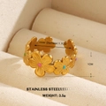 Golden stainless steel flower ring with colorful enamel inlay in pink and blue - Colorful Small Flowers Wrap Style (250)