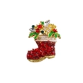 Golden Christmas boot brooch with red rhinestones and green enamel holly leaf detail - Red Rhinestone Stocking