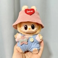 Labubu doll wearing pink corduroy bucket hat and blue corduroy overalls outfit - Light Blue Overalls With Star Pattern + Pink Heart-shaped Hat / First And Second Generation Keychains Are Compatible With La Cloth Dolls. Dolls Not Included.