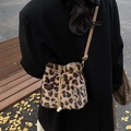 Leopard print faux fur bucket bag with gold chain drawstring and pearl accents - 19*15*18 / Brown Rabbit Fur