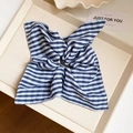 Blue striped cotton scrunchie hair tie with floral pattern on a wooden tray - Scrunchie / Blue-Square
