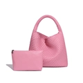 Pink hand-woven tote bag and matching zipper pouch set with intricate leather texture - Mousse Pink