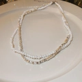 Double-layer necklace featuring white pearls and golden metallic beads on a ceramic plate - 9# Silver Double Layer Pearl Metal Style