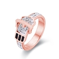 Rose gold belt buckle ring with crystal pavé and black stripe detail on white background - US 6 / Rose Gold