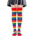 Close-up of rainbow striped over-knee socks worn by a model in a pleated skirt - No.6 Red Opening