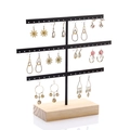Three-tier black metal earring organizer with a solid wooden base for jewelry display - Black 52 Holes (Pine Base)