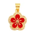 Red enamel plum blossom pendant in copper with white cubic zirconia pavé setting - Gold Rhinestone Inlaid Red Enamel Flower