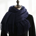 Dark blue cashmere-feel winter scarf featuring classic fringe tassels on a black base - Navy Blue