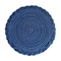Round dark blue woven cotton placemat with white concentric patterns and braided edges - Blue