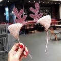 Pink sequined reindeer antler headband with plush ears for Christmas holiday party - Pink Cat Ear Antlers