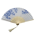 Japanese style bamboo folding fan with blue and white floral pattern and silk tassel - A Smiling Fan With White Ribs Style 76