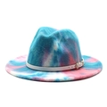 Britse stijl regenboog tie-dye wollen fedora hoed met brede rand en decoratieve riem - M (56-58cm) / Blauw Roze en Wit Tie-dye (#3)
