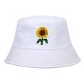 Detailed close-up of yellow sunflower embroidery on a white cotton bucket hat with clean stitching - Adjustable / White