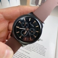 Close-up of Kontahe quartz watch with black dial, crystal indices and brown silicone strap - Brown