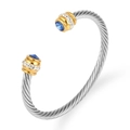 Twisted cable stainless steel cuff bracelet with blue gemstones and sparkling crystals - Silver Gold Tone With Blue Rhinestone (Style 1)