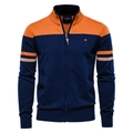 Ανδρική ζακέτα πλεκτή slim-fit με φερμουάρ και ρίγες σε ναυτικό μπλε και πορτοκαλί - S / Ναυτικό Μπλε Patchwork Πορτοκαλί