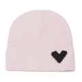 Detail of light pink knitted beanie featuring ribbed texture and black heart patch accent - M (56-58cm) / Pink