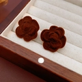 Elegant brown flocked rose stud earrings displayed in a luxury wooden jewelry box - 32# Silver Earring Post - Coffee - Flower