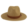 Macro view of woven Panama straw hat with brown leather band and gold buckle detail - 58cm / Camel