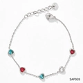 Bracelet en acier inoxydable avec zircons cœurs rouges, bleus, blancs et fermoir mousqueton - Argent + Zirconium Coloré (SAP939)