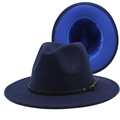 Detail of wool fedora hat with contrast blue lining and leather belt with metal buckle - M (56-58cm) / Navy + Royal Blue