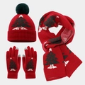 Dettaglio del set natalizio rosso con berretto, sciarpa e guanti in maglia per bambini - Bambini 52-56cm / Rosso