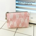 Pink lace cosmetic bag with white floral embroidery and a large pearl charm - Hexagon Pouch / Pink with White Lace